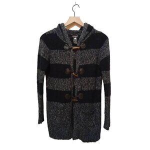 Devoted Long Black & Gray Marle Striped Toggle Closure Hooded Cardigan Sz XS